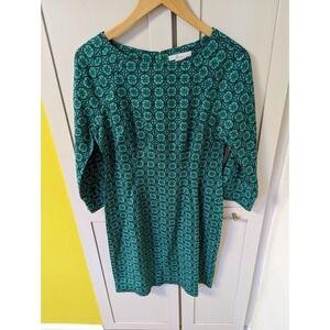 Womens Boden Emerald Green Navy Blue Floral Linen 3/4 Sleeves Shift Dress 6